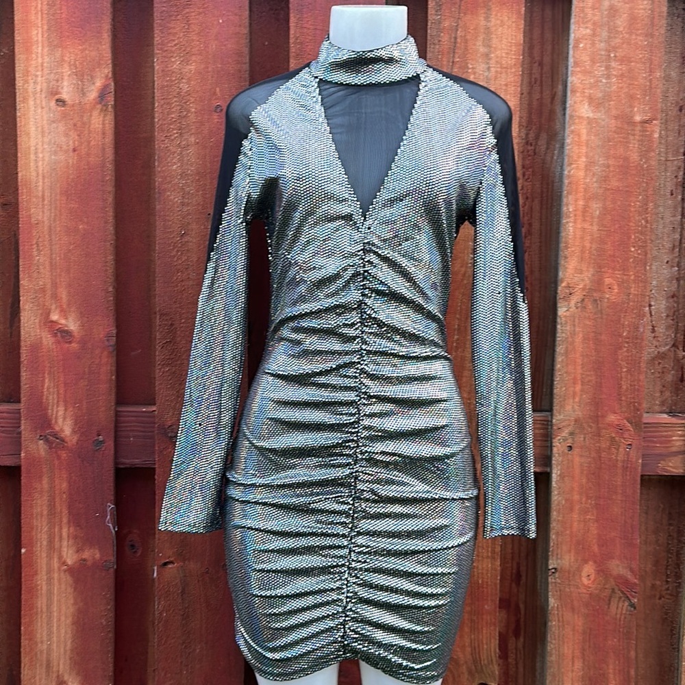 Chic Me Gray Ruched Bodycon Sequins Dress Mock Neck Long Sleeve S